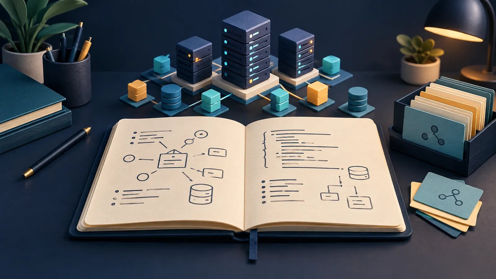 Conceptual illustration of an open study notebook with code and network sketches beside a miniature server system and reusable study cards.